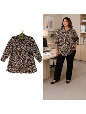 Susan Graver Women's Leopard Print Button-Up Shirt 2XP 4 Pockets